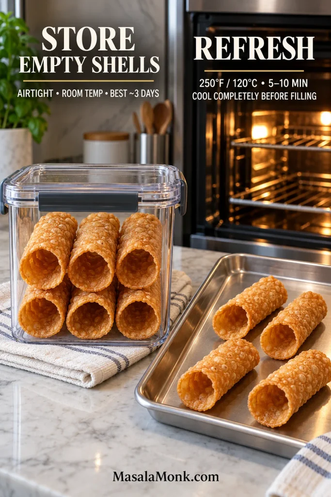Empty cannoli shells in an airtight container beside shells on a baking tray for a 250-degree oven refresh.