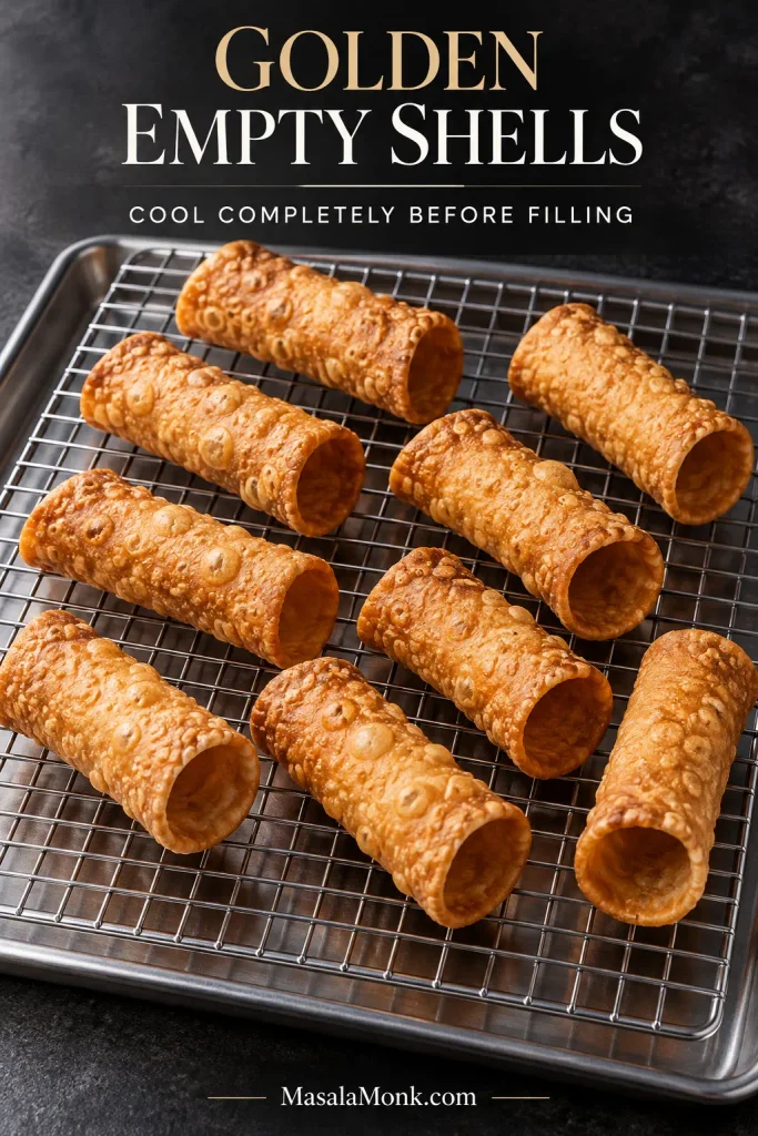 Several empty golden cannoli shells cooling separately on a metal wire rack.