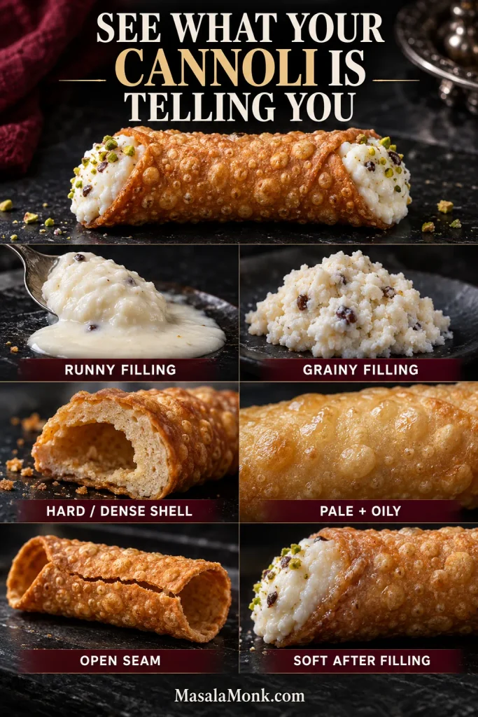 Cannoli troubleshooting chart showing runny filling, grainy filling, dense shell, pale oily shell, open seam and softened filled shell.