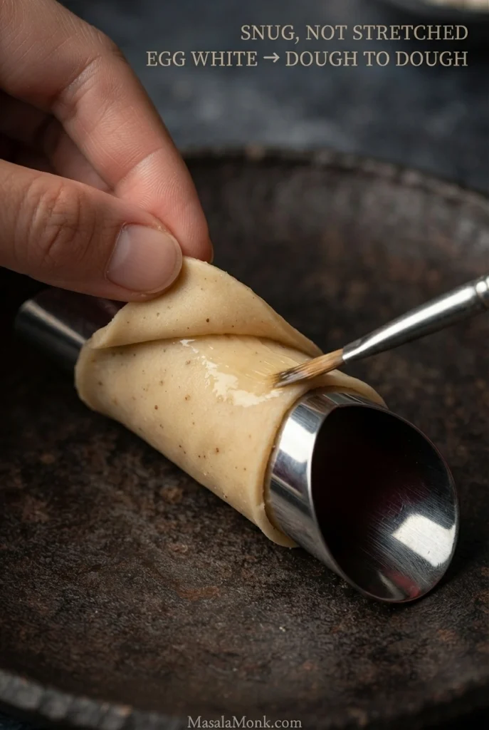 Cannoli dough wrapped around a metal tube while egg white is brushed between the overlapping dough edges.