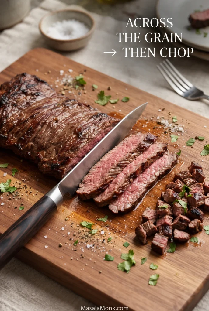 Cooked skirt steak being sliced across its grain, with thin slices and smaller chopped pieces on the cutting board.