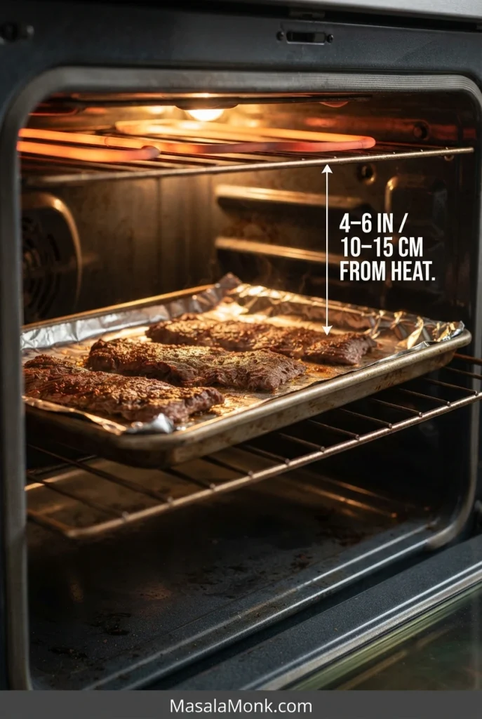 Carne asada on a foil-lined tray positioned beneath the upper heating element of an oven broiler.