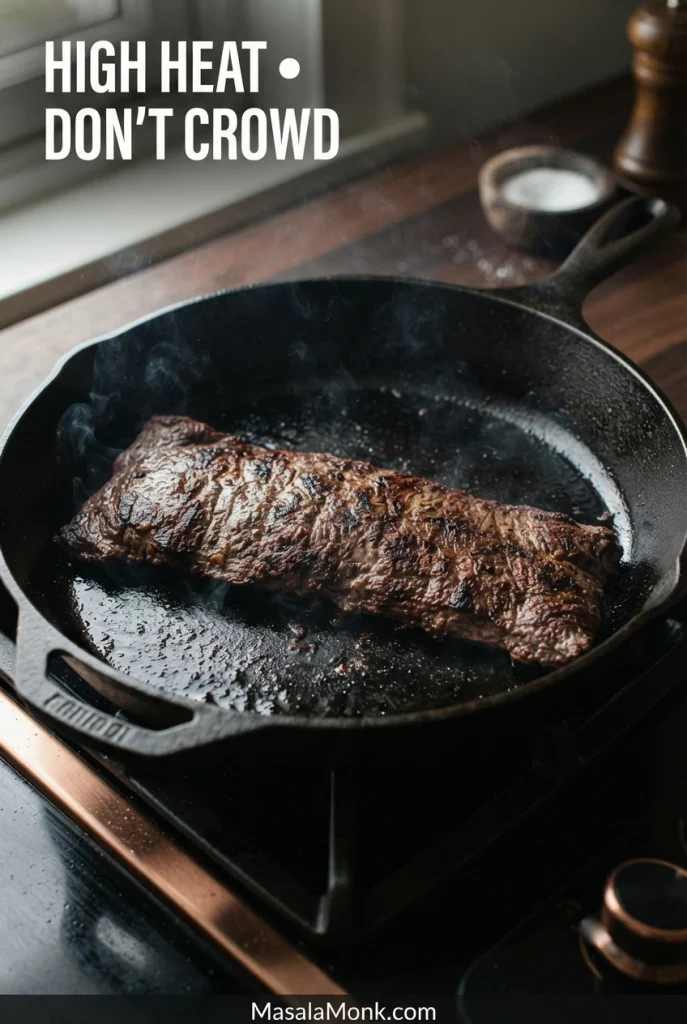 Carne asada steak searing flat in a hot cast-iron skillet with space around the meat.