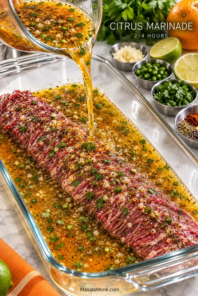 Thin skirt steak in a clear dish as golden orange-lime marinade with finely chopped garlic, jalapeño and cilantro is poured over it.
