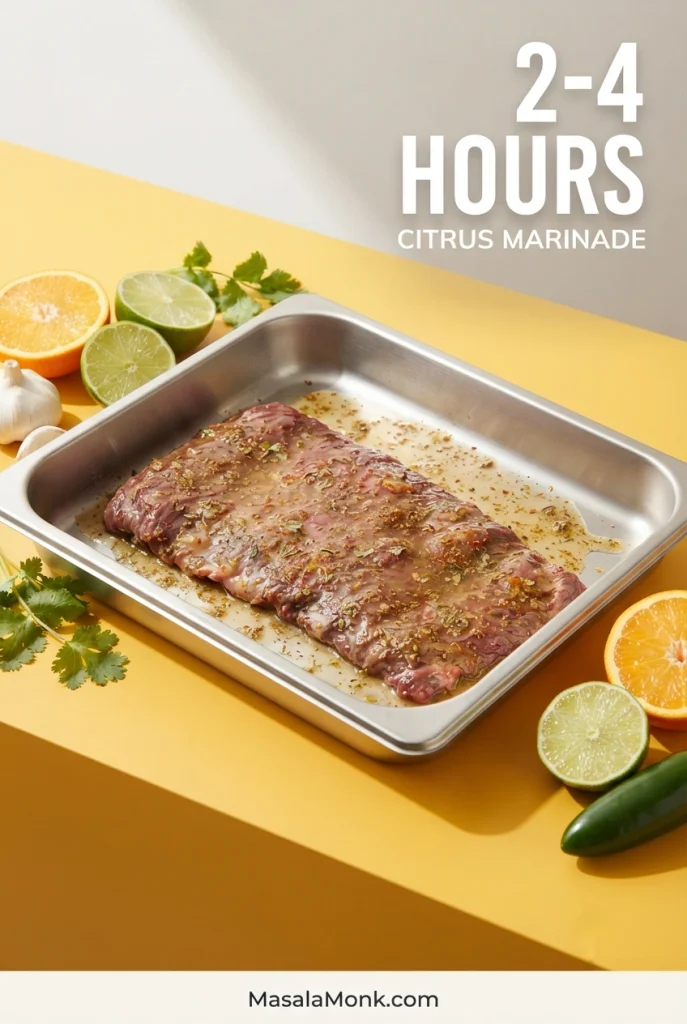Raw steak coated in a light citrus marinade, with orange, lime, garlic, jalapeño, cilantro and ground spices nearby.