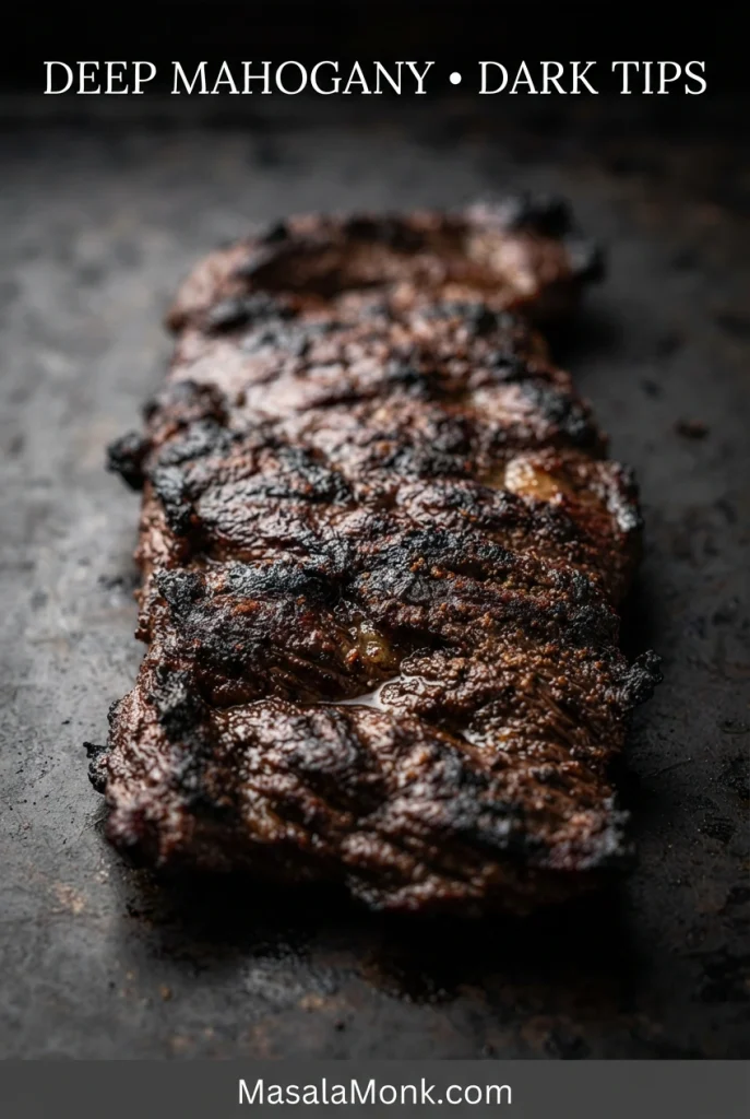 Close-up of grilled carne asada with a deeply browned mahogany crust, irregular charred areas and darker thin edges.
