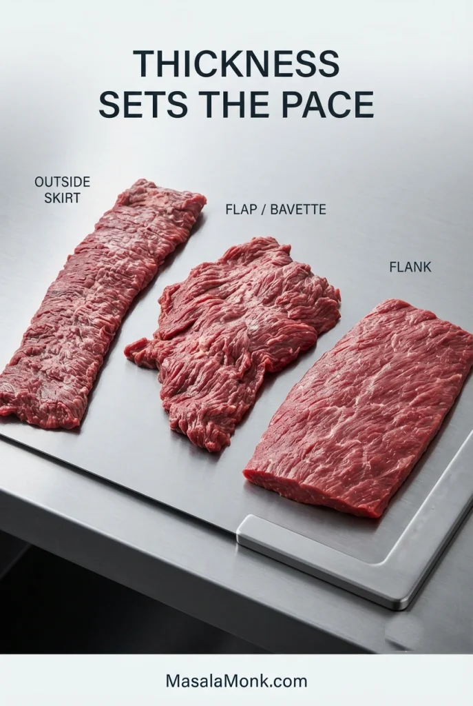 Raw outside skirt steak, flap or bavette, and flank steak arranged together to show their different shapes, grain and thickness.