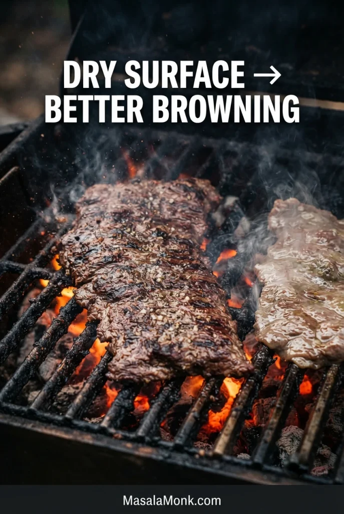 Carne asada steak cooking over high heat, with a wetter pale surface beside a darker browned surface.