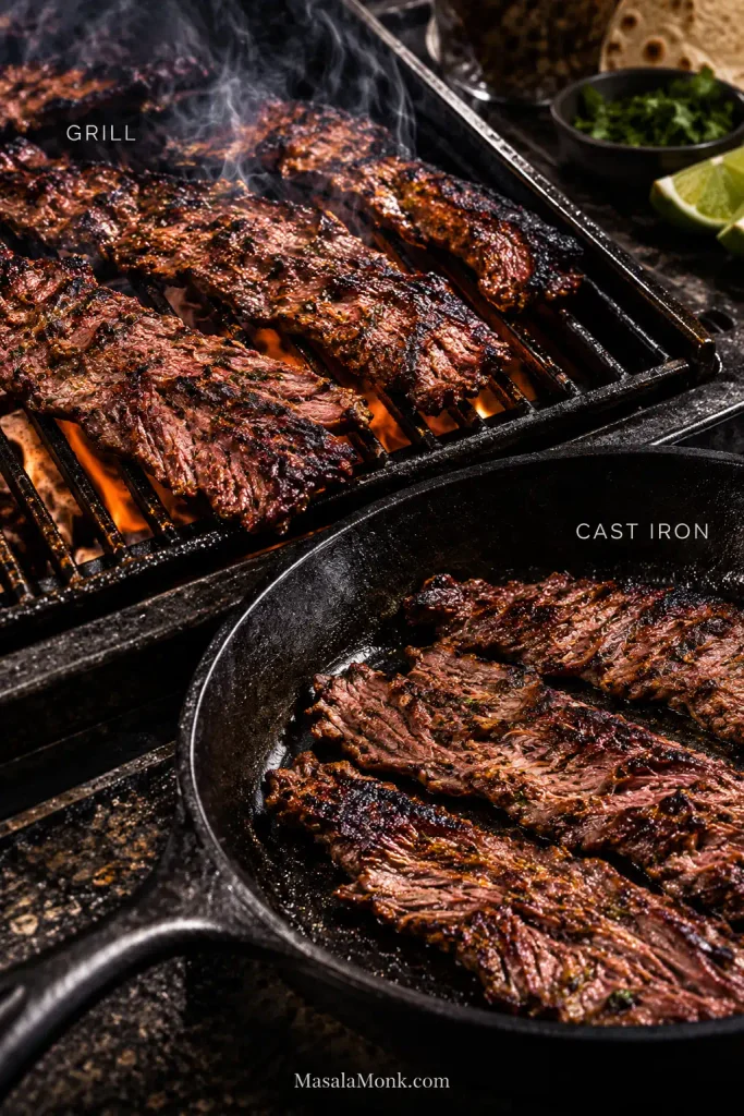 Thin skirt steak searing over a hot grill and in a cast-iron skillet, labeled 'Grill' and 'Cast Iron,' with dark browned edges.