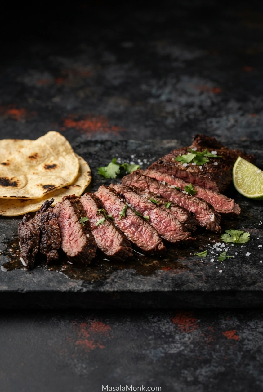 Thin slices of grilled carne asada with deeply charred edges and a juicy interior, with warm tortillas and lime nearby.
