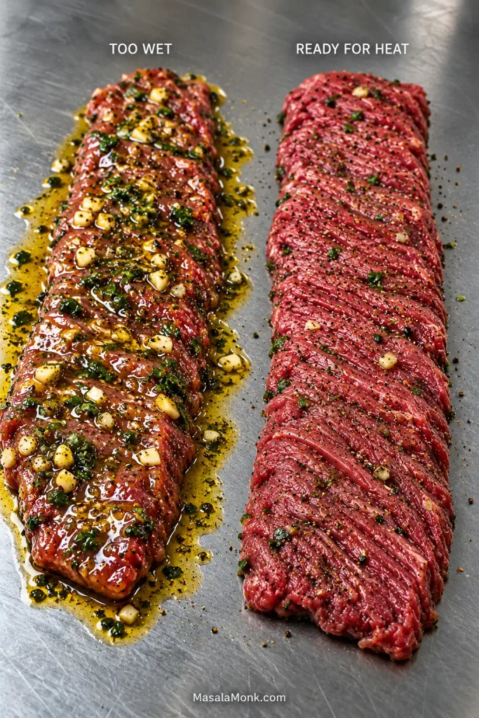 Side-by-side raw skirt steak sections labeled 'Too Wet' and 'Ready for Heat,' comparing glossy marinated meat with a mostly matte blotted surface.