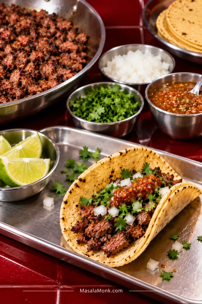 Folded corn tortilla filled with chopped carne asada, diced white onion, cilantro and salsa on a metal tray, with bowls of the same components nearby.