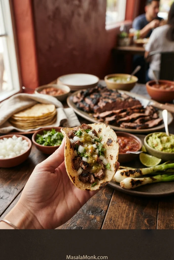 Hand holding a warm corn tortilla filled with chopped carne asada, with tortillas, lime and taco toppings arranged on the table behind it.