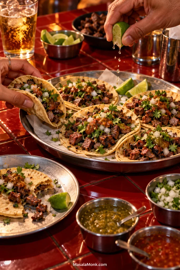 Hands serving carne asada tacos from a metal tray on red tile as lime is squeezed over chopped beef, onion, cilantro and salsa.