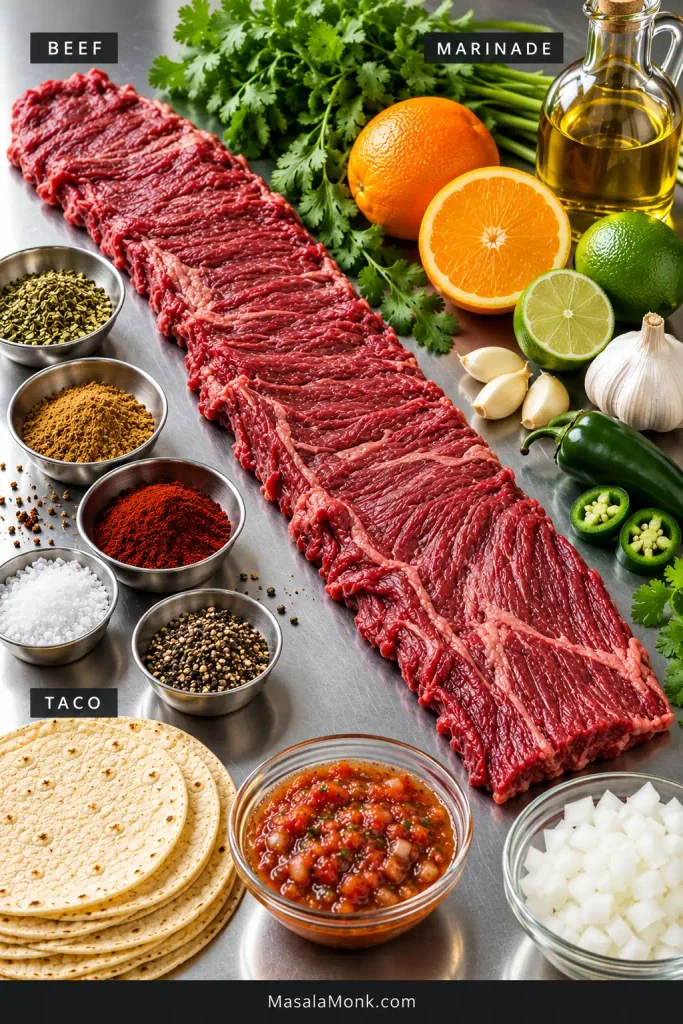 Outside skirt steak arranged with oranges, limes, garlic, jalapeño, cilantro, spices, corn tortillas, white onion and salsa on stainless steel.