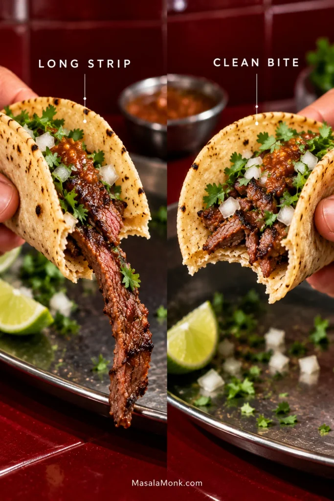Two bitten carne asada tacos labeled 'Long Strip' and 'Clean Bite'; one has a long steak strip hanging out while the other holds chopped beef.