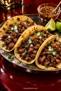 Three carne asada tacos in small corn tortillas with chopped charred beef, white onion, cilantro, salsa and lime on a red lacquer surface.