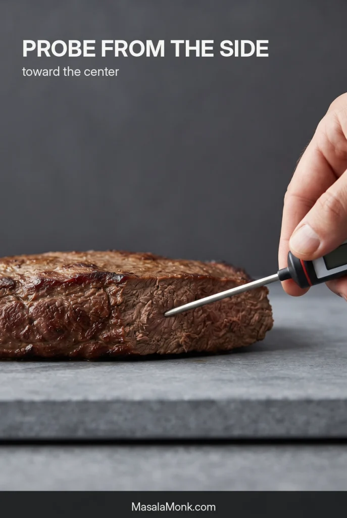 Instant-read thermometer entering horizontally through the side of a thick grilled steak toward its center.