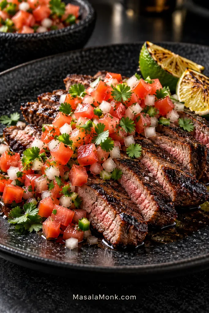 Sliced grilled carne asada topped with fresh pico de gallo on a dark plate.