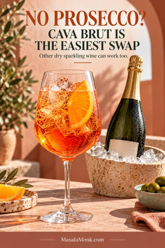 Finished Aperol Spritz beside a chilled generic Cava Brut bottle in an ice bucket, with text recommending Cava Brut when Prosecco is unavailable.