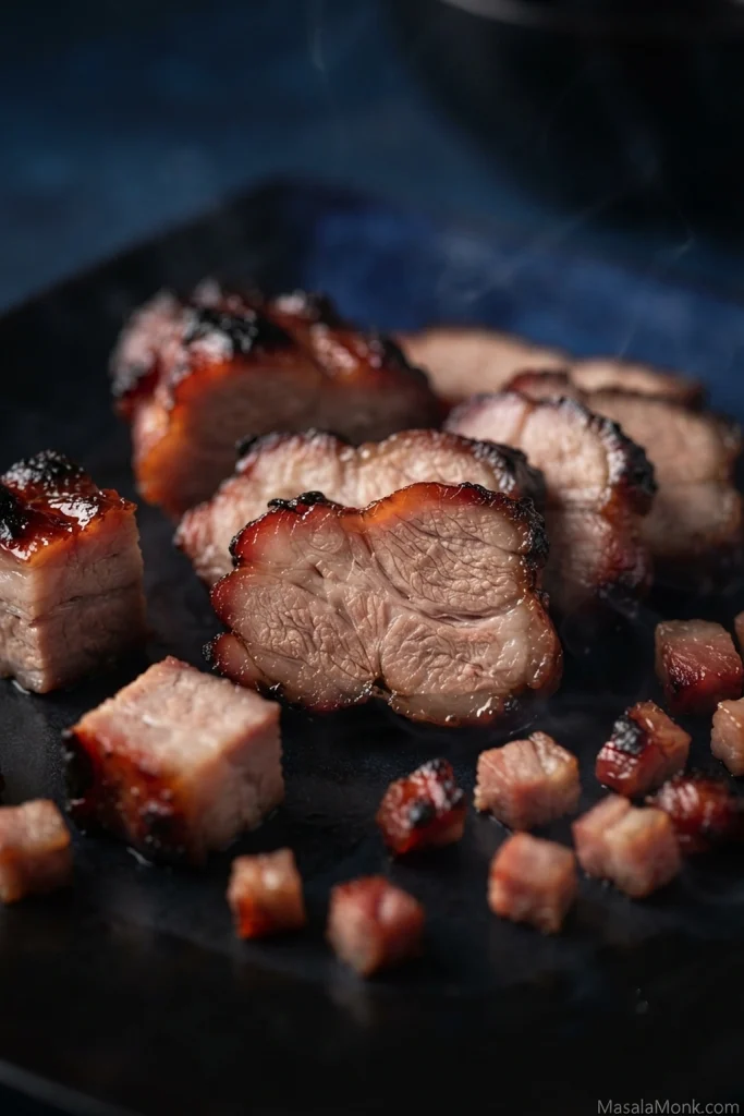 Glossy red-edged char siu pieces on a dark plate, with chopsticks holding one piece above the sliced pork.