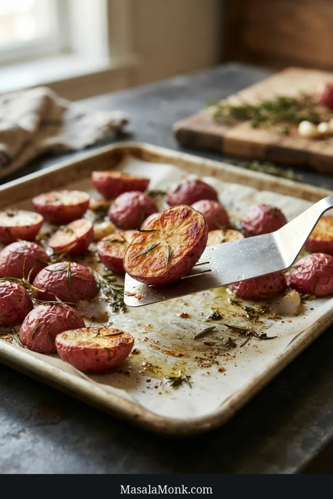 A thin metal spatula lifts one partially roasted red potato half from a sheet pan while the other pieces remain in place.