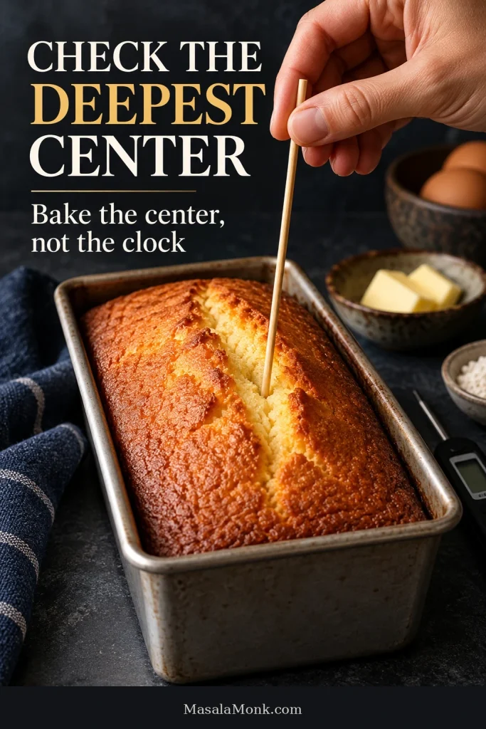 Hand inserting a long wooden skewer into the thick center of a browned pound cake still inside its loaf pan.