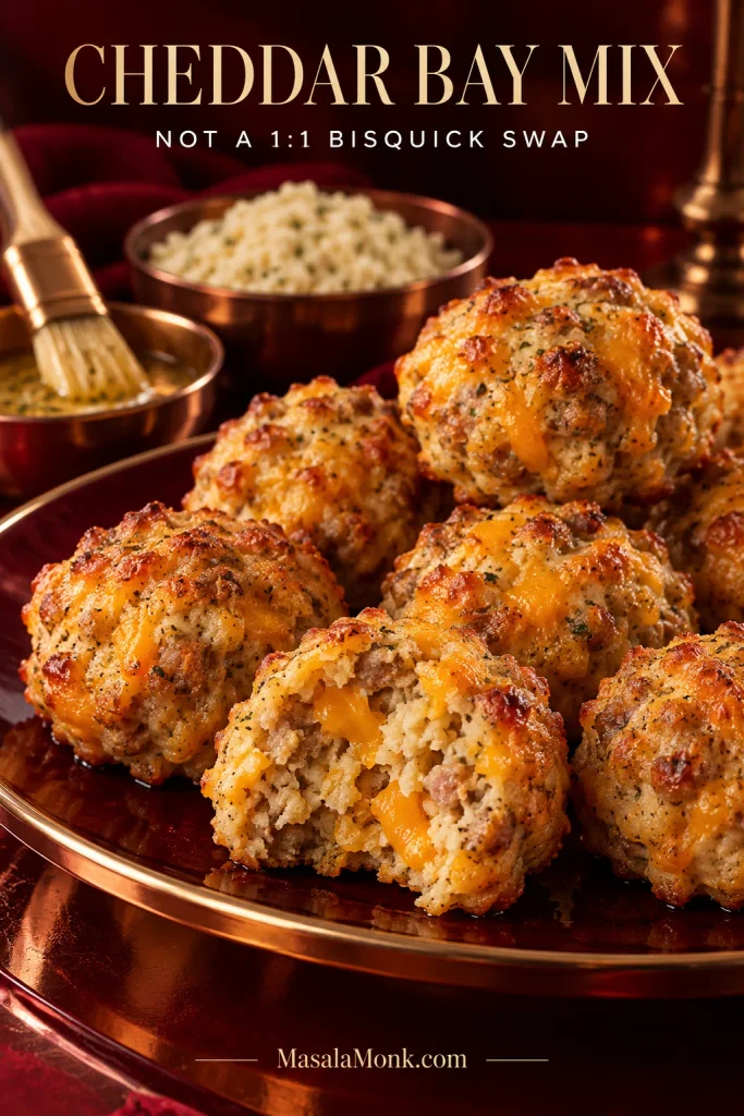 Golden sausage balls with cheddar and herb flecks on a red plate, with seasoned biscuit mix and a butter brush in the background.