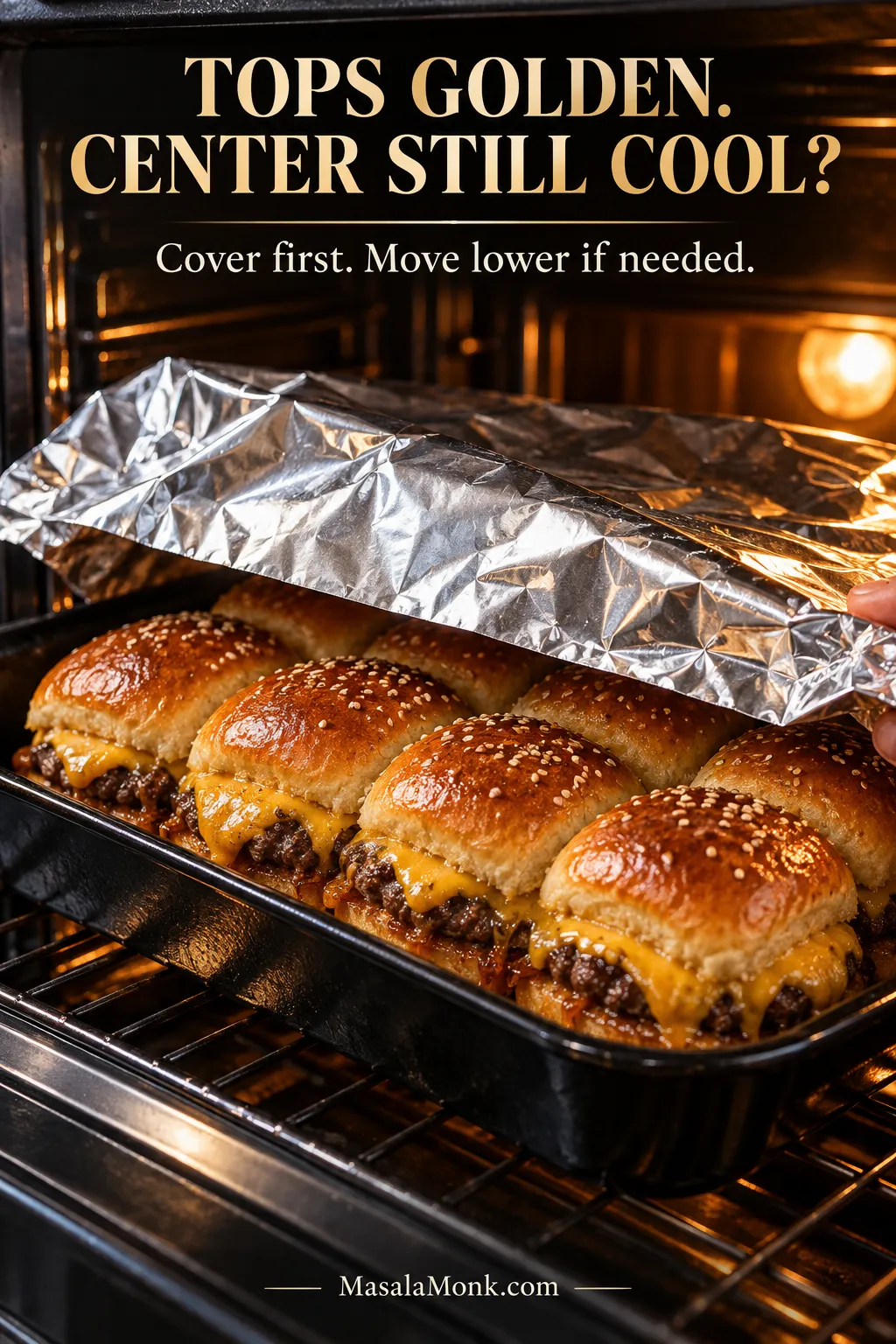 Golden cheeseburger sliders being loosely covered with foil in the oven. Text reads “Tops golden. Center still cool? Cover first. Move lower if needed.”