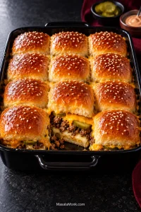 Twelve sesame-topped cheeseburger sliders arranged in four rows of three in a black baking dish. A front slider is opened to show American cheese, crumbled ground beef, dill pickles and melted cheddar between golden Hawaiian rolls.