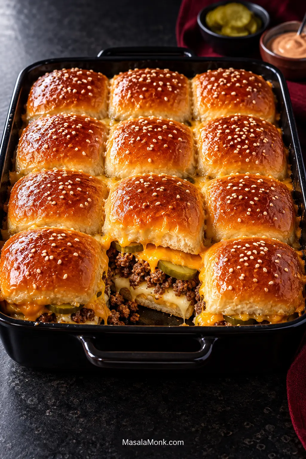Twelve sesame-topped cheeseburger sliders arranged in four rows of three in a black baking dish. A front slider is opened to show American cheese, crumbled ground beef, dill pickles and melted cheddar between golden Hawaiian rolls.