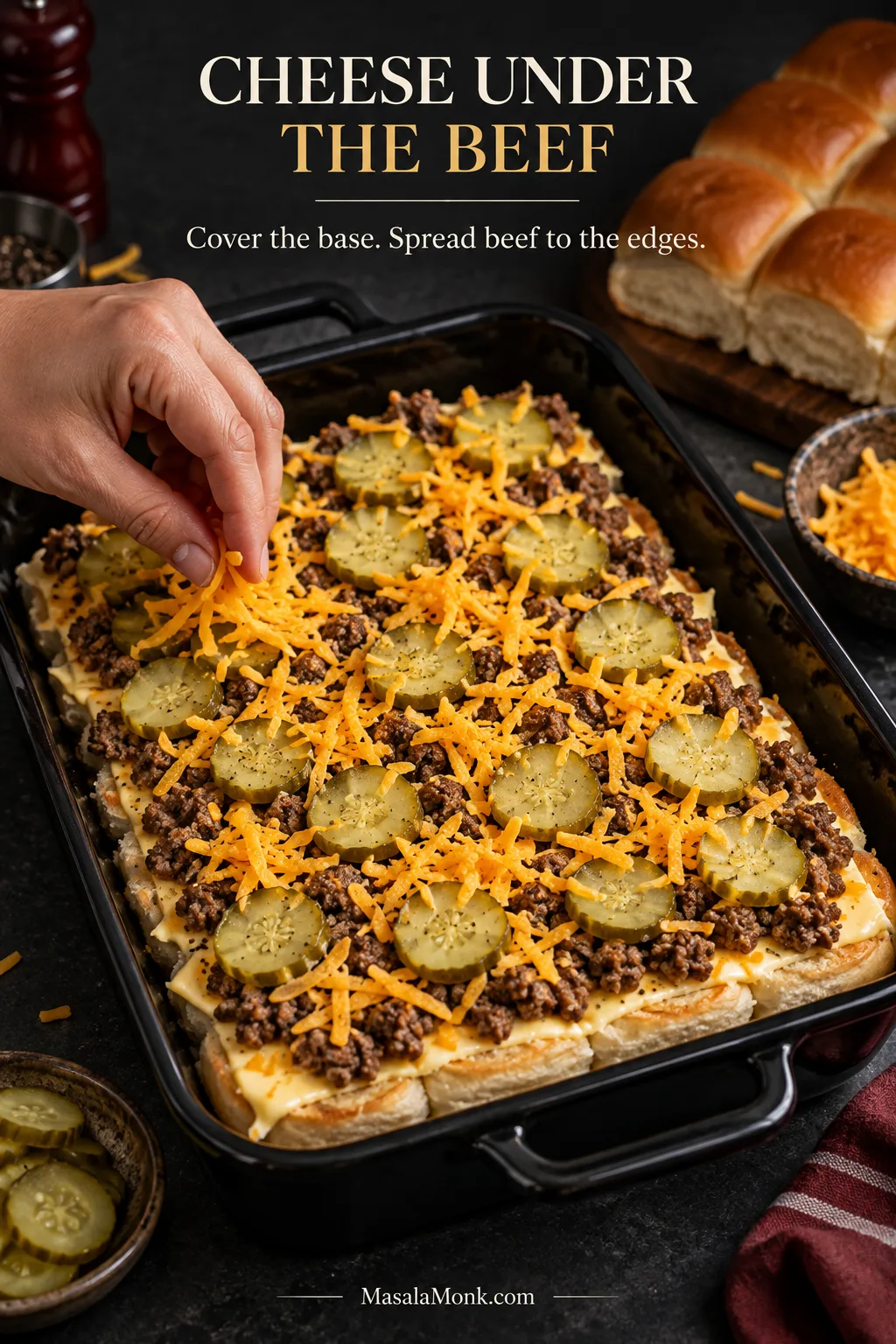 Open Hawaiian roll slab layered with American cheese, crumbled beef, dill pickles and shredded cheddar.