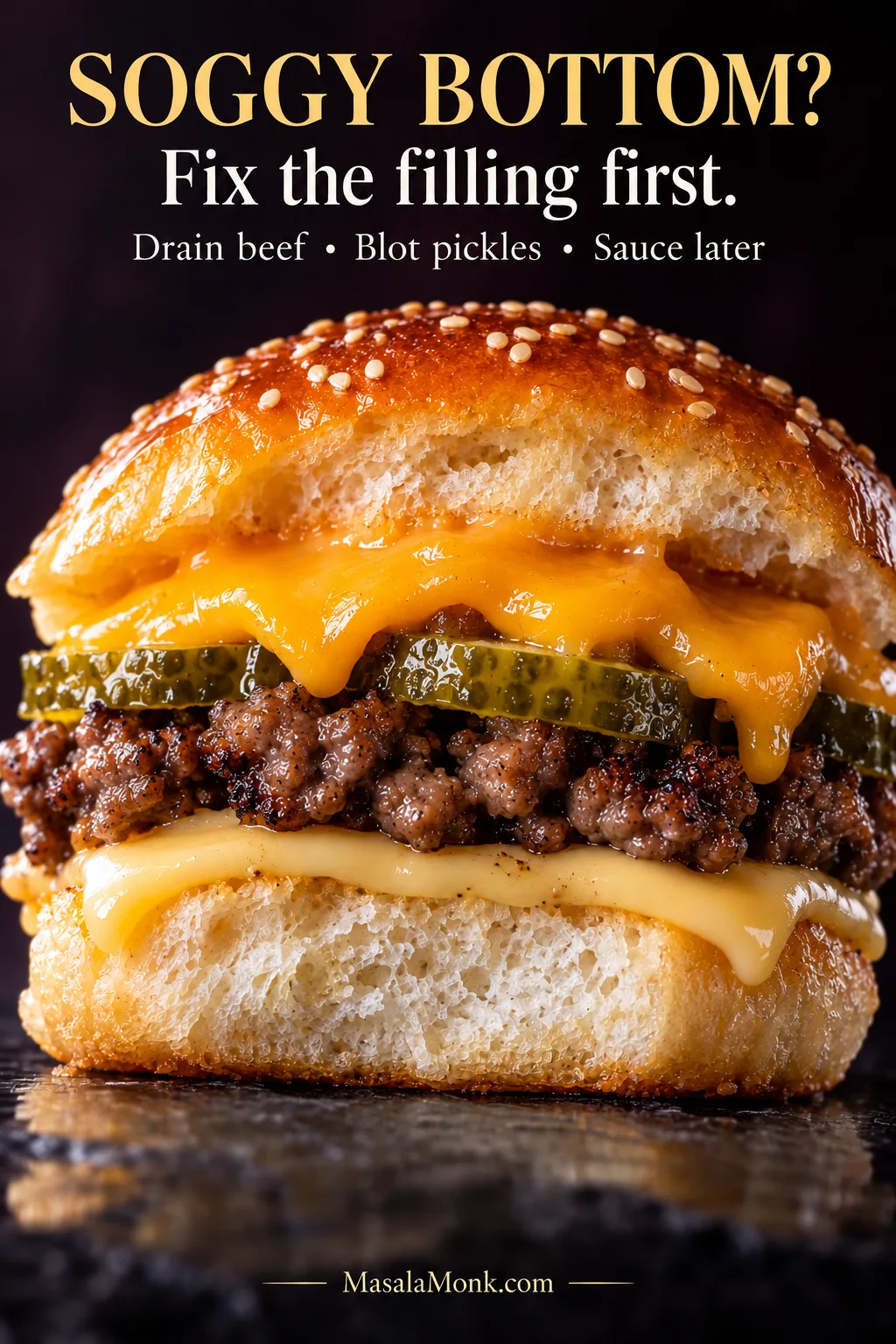 Cross-section of a cheeseburger slider with an intact bottom roll beneath beef, cheese and pickles. Text reads “Soggy bottom? Fix the filling first. Drain beef, blot pickles, sauce later.”