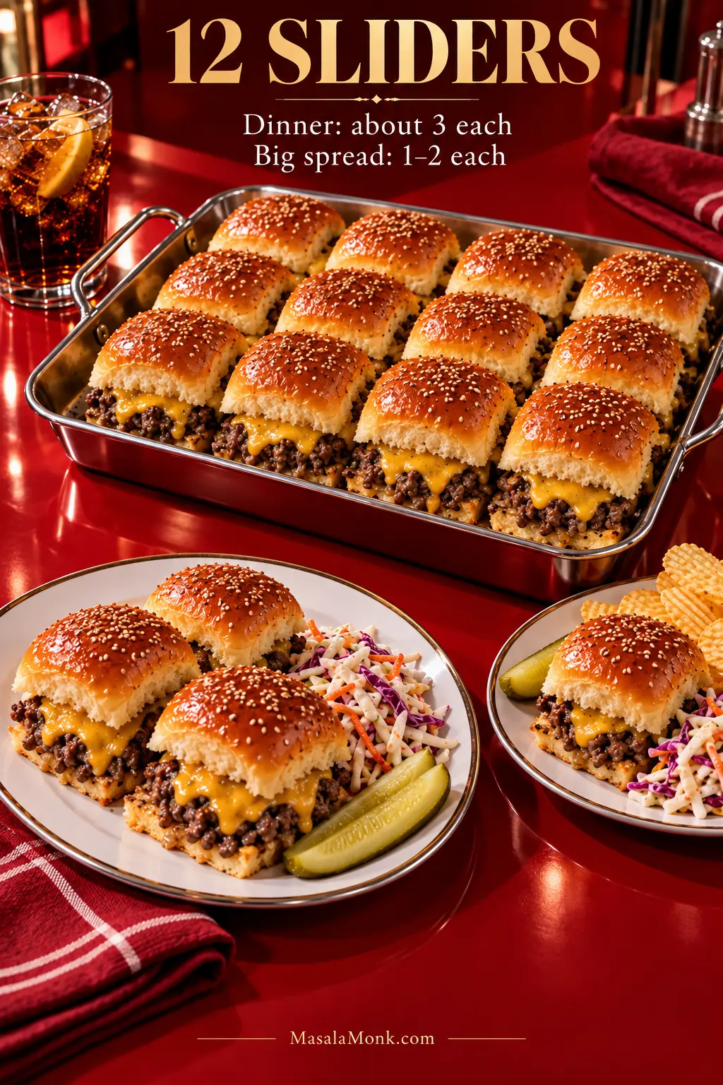 Tray of 12 cheeseburger sliders with a plate holding three sliders and sides. Text reads “Dinner: about 3 each — Big spread: 1–2 each.”