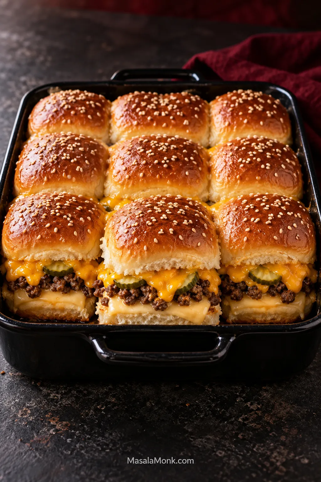 A cheeseburger slider lifted from the tray with beef, pickles and melted cheese visible between the rolls.