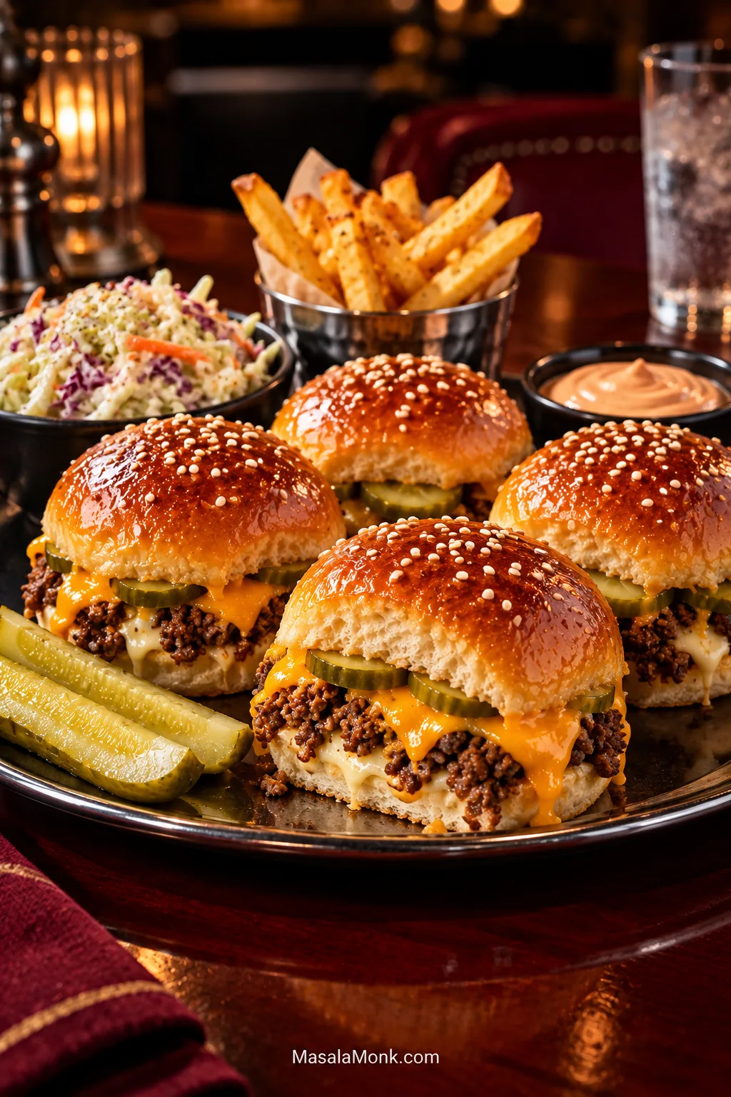 Cheeseburger sliders served with pickle spears, coleslaw, fries and burger sauce.