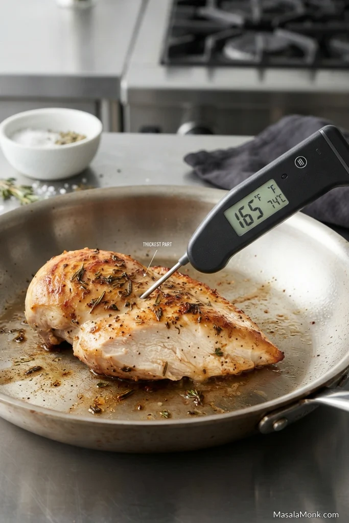Instant-read thermometer inserted into the thickest part of cooked chicken and displaying 165 degrees Fahrenheit or 74 degrees Celsius.