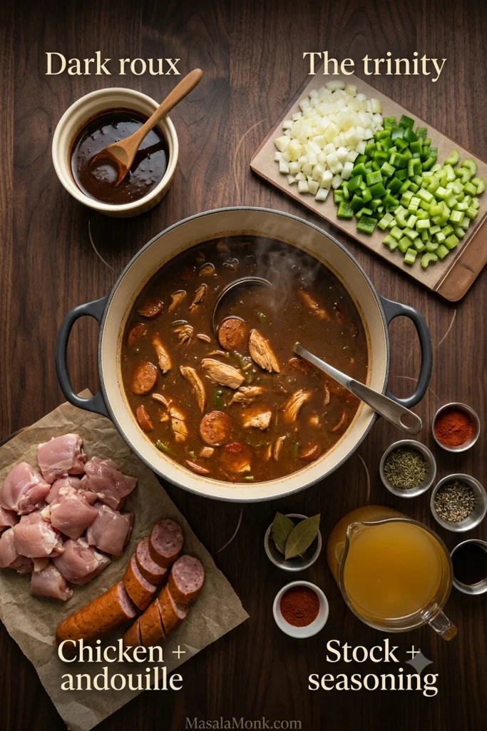 Dark roux, diced onion, green bell pepper and celery, chicken thigh pieces, andouille, chicken stock and seasonings arranged around finished gumbo.