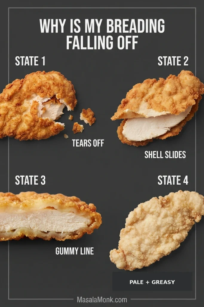 Four-panel troubleshooting graphic showing chicken breading torn off, crust sliding from meat, a gummy flour line, and pale greasy fried coating.