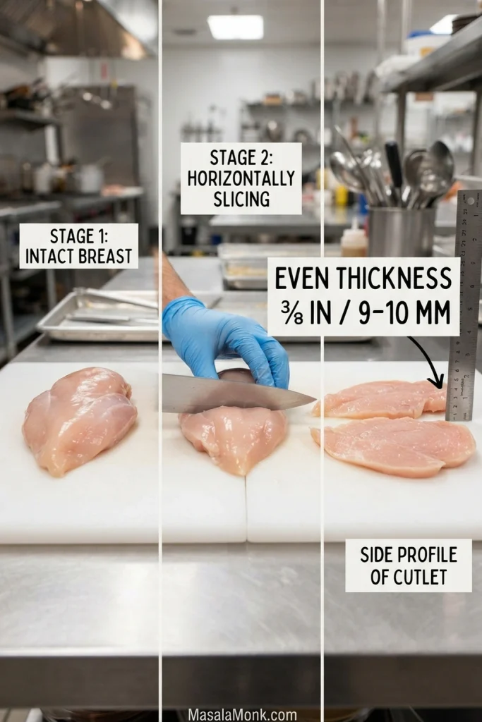 Raw chicken breast shown before and after horizontal slicing, with the finished cutlet measured at about 3/8 inch or 9 to 10 millimeters thick.