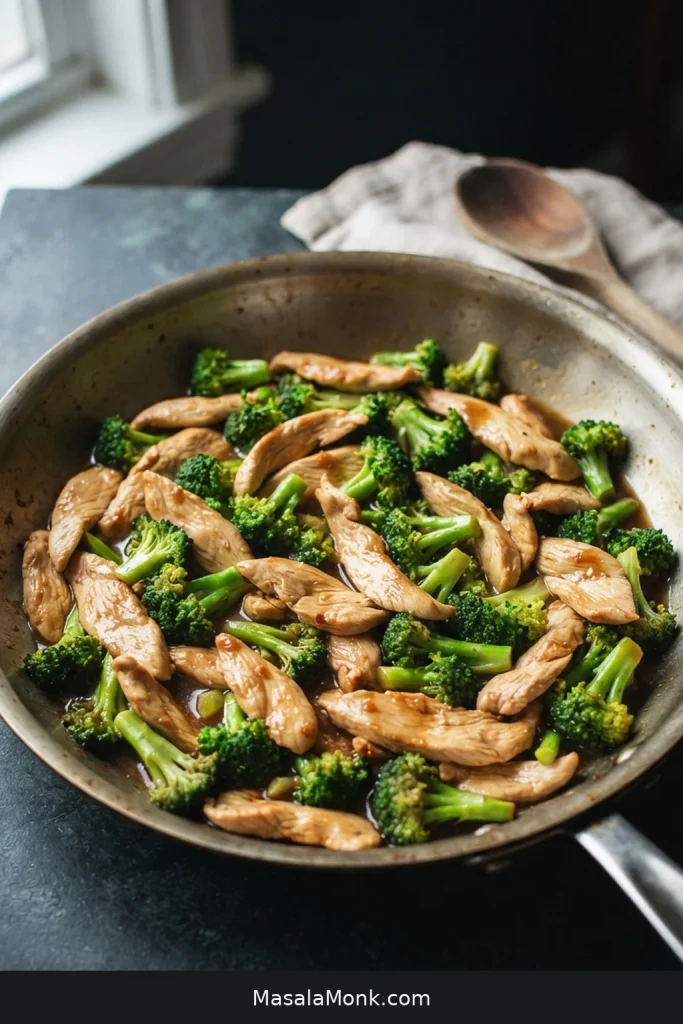 Chicken and broccoli stir fry with thin browned chicken slices, abundant green broccoli and a light glossy brown sauce.