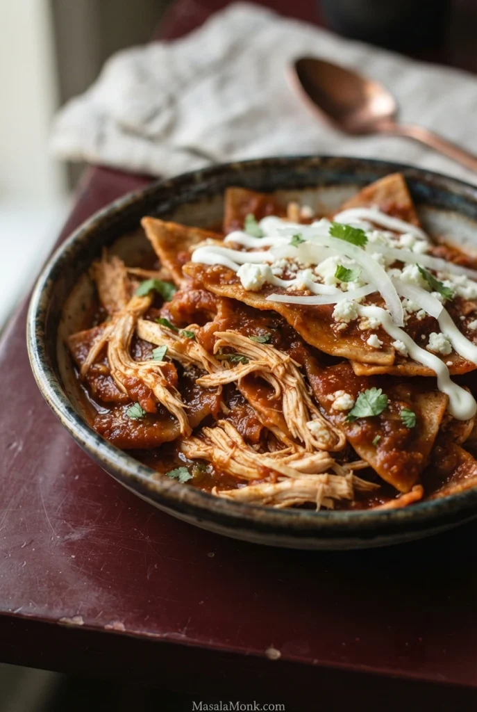 Chicken chilaquiles with shredded chicken distributed among red-salsa-coated tortilla pieces, crema, cheese, onion and cilantro.