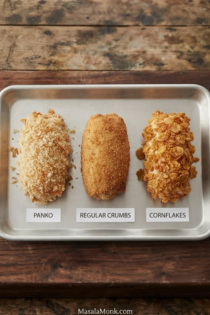 Three chicken rolls coated separately in panko, fine regular breadcrumbs and coarse crushed cornflakes.