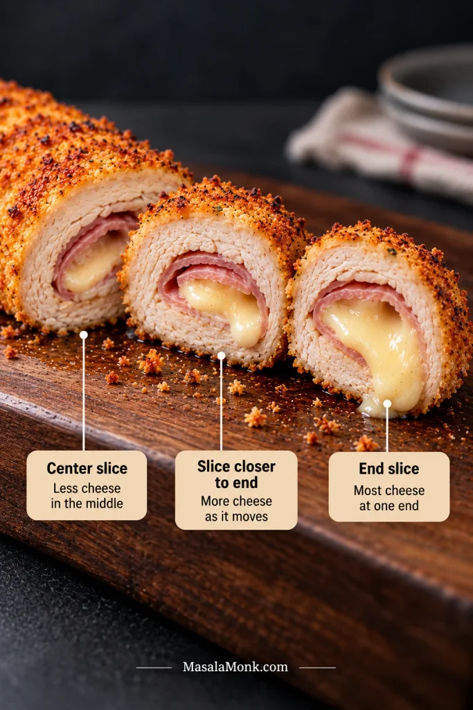 Three slices from center to end show progressively more melted cheese toward one end, illustrating cheese migration inside the roll.