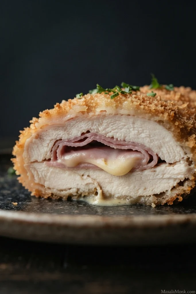 Close-up Chicken Cordon Bleu cross-section showing golden crumbs, white chicken, folded pink ham and melted pale cheese in the center.