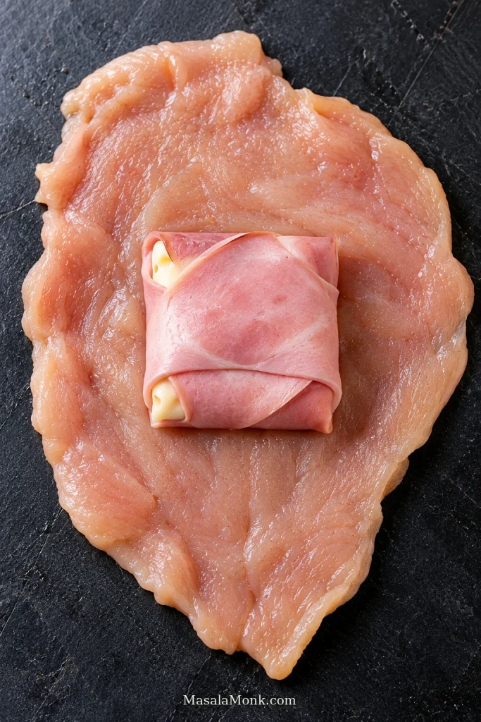 Flattened chicken breast with pale cheese wrapped in thin pink ham centered on top, leaving uncovered chicken around the edges.