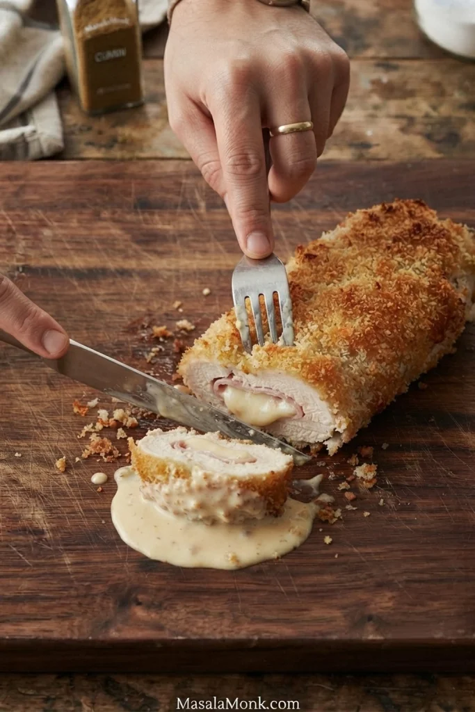 Hands cut through a golden Chicken Cordon Bleu roll, revealing ham and melted cheese inside, with Dijon sauce beneath the slice.