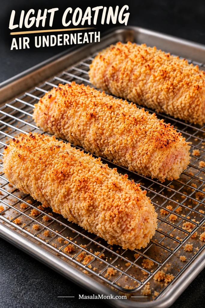 Three breaded chicken rolls spaced on a wire rack over a sheet pan, labelled “Light coating” and “Air underneath.”