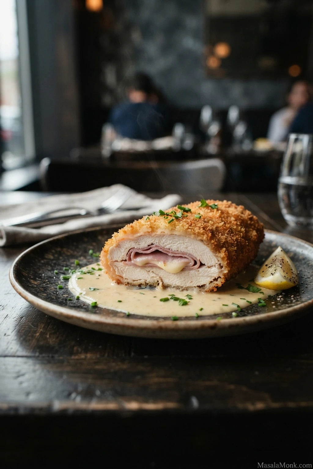 Sliced baked Chicken Cordon Bleu with golden panko, ham and melted cheese over Dijon cream sauce, with lemon beside the plate.