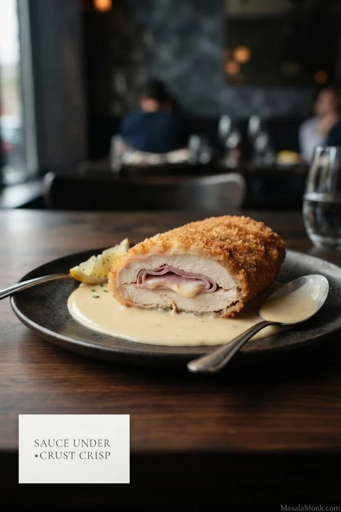 Sliced Chicken Cordon Bleu with Dijon cream sauce underneath and the golden panko top left dry; text reads “Sauce under • crust crisp.”